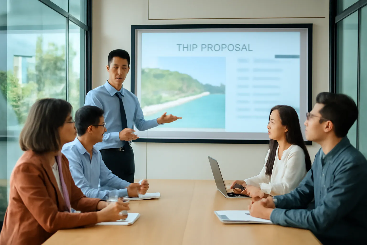 Nhân viên lữ hành thuyết trình phương án chuyến đi cho phòng nhân sự một công ty