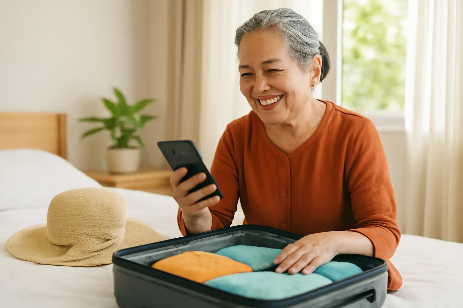 Người cao tuổi đọc tin nhắn hướng dẫn chuẩn bị chuyến đi bên vali đang xếp