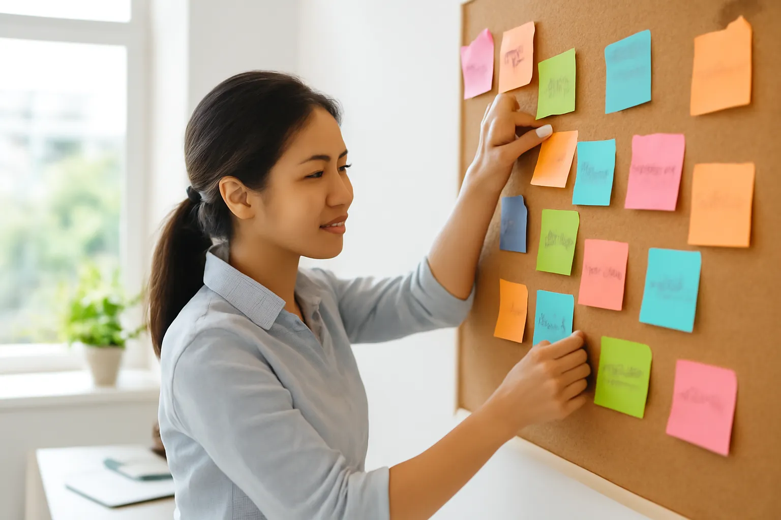 Chủ công ty lữ hành nhỏ ghim các nhóm khách lên bảng ý tưởng trong văn phòng