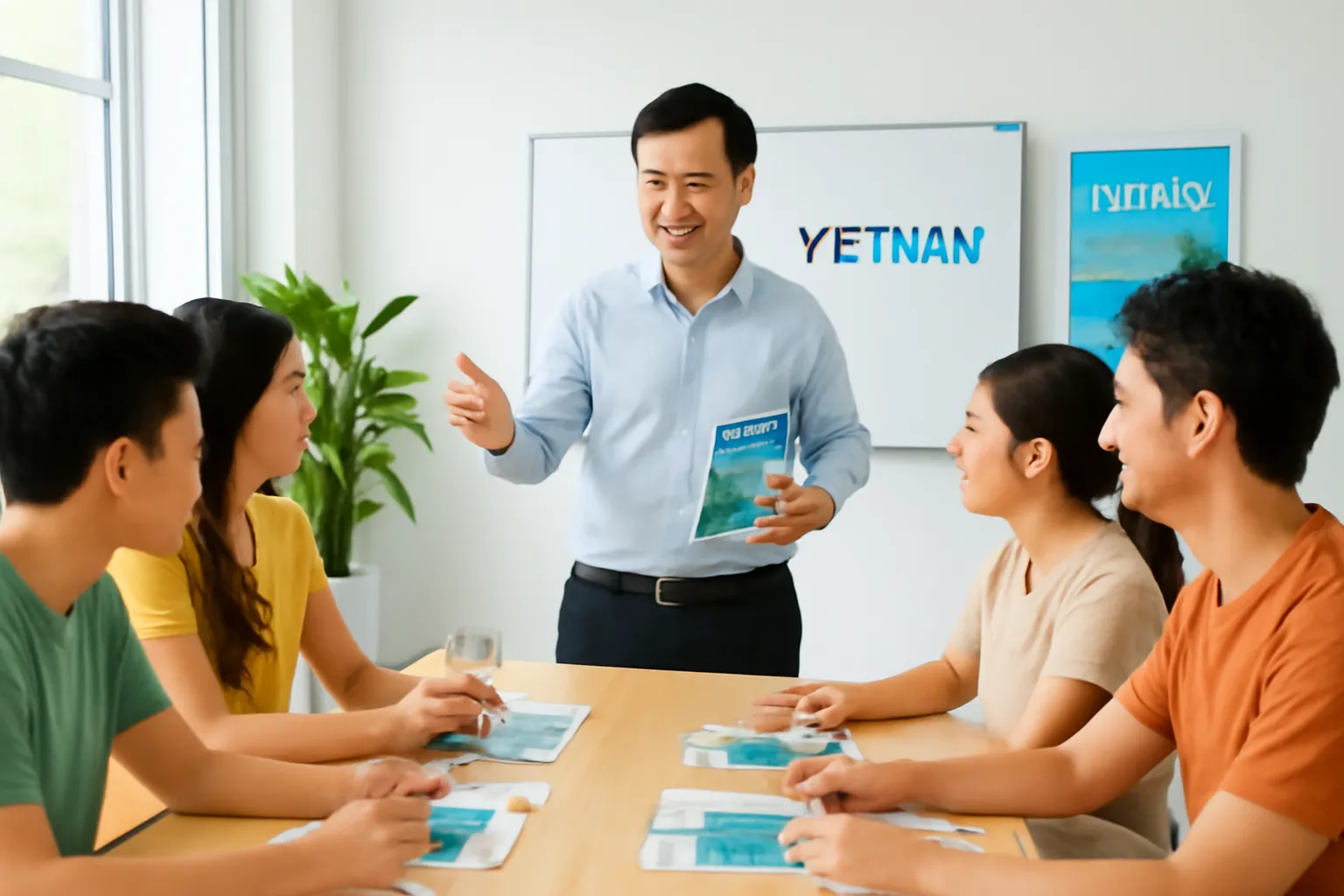 Chủ công ty lữ hành hướng dẫn nhóm cộng tác viên trẻ trong buổi tập huấn nhỏ