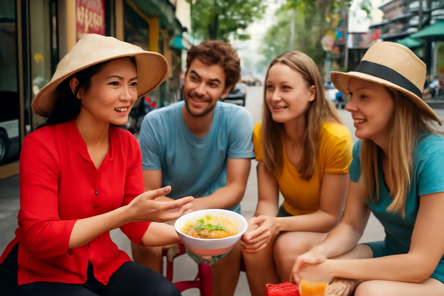 Hướng dẫn viên Việt Nam giải thích món ăn đường phố cho nhóm khách nước ngoài