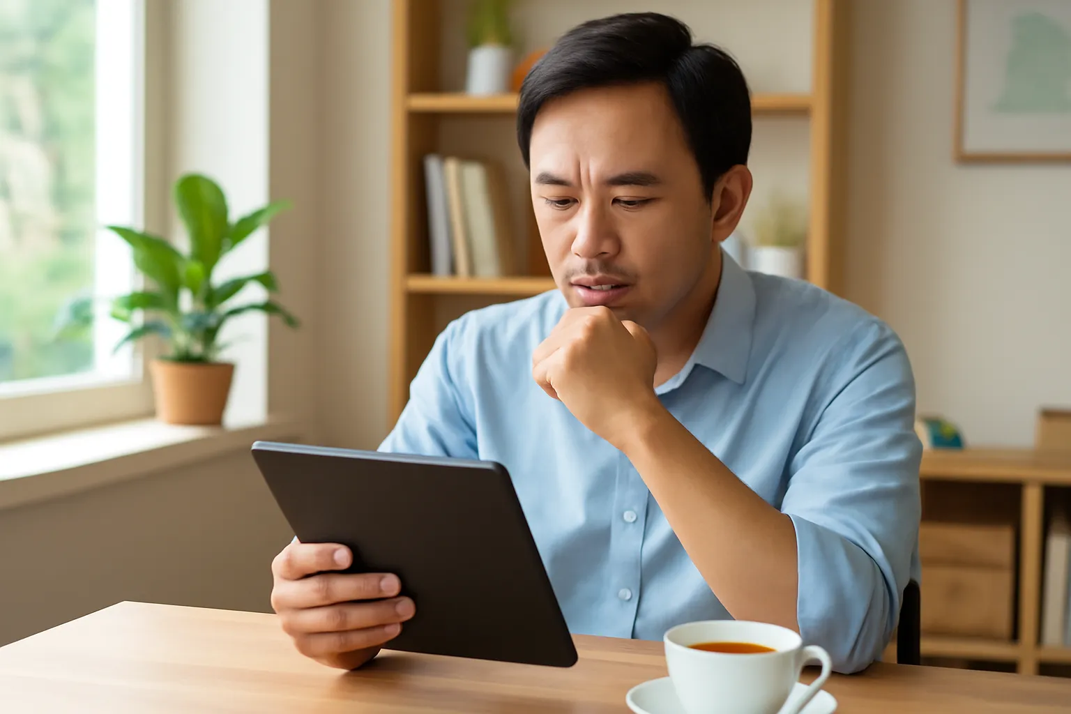 Chủ công ty du lịch nhỏ đọc phản hồi của khách trên máy tính bảng bên tách trà