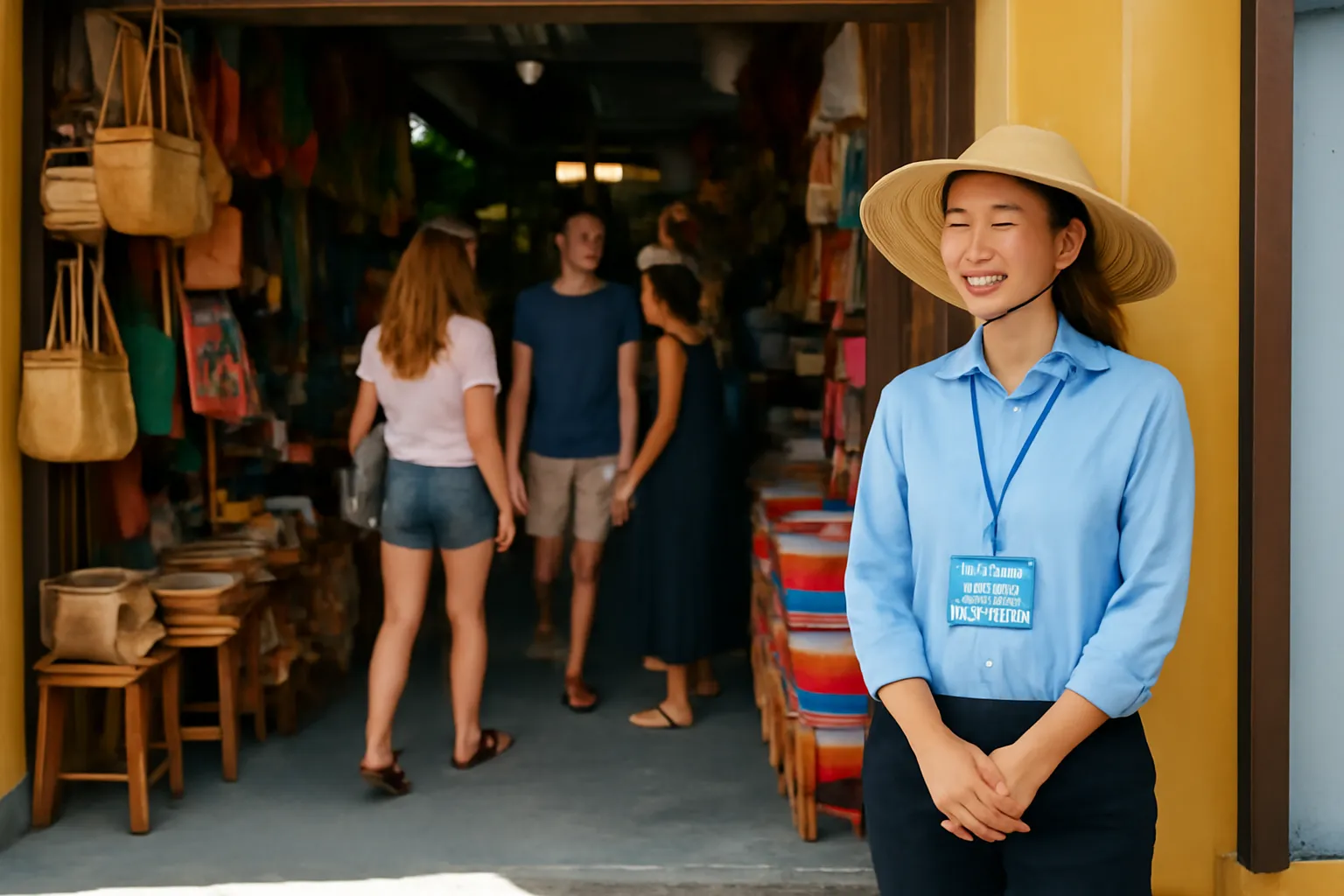 Hướng dẫn viên mỉm cười để khách tự do dạo chợ thủ công, không chèo kéo