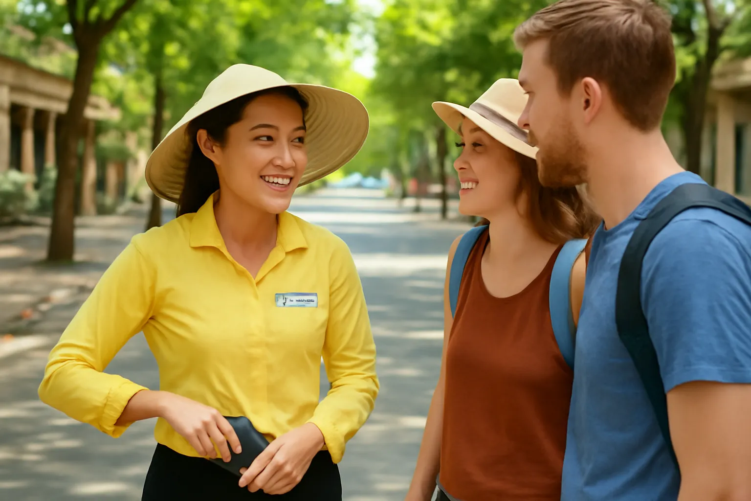 Hướng dẫn viên cất điện thoại vào túi, quay sang trò chuyện với khách trên phố