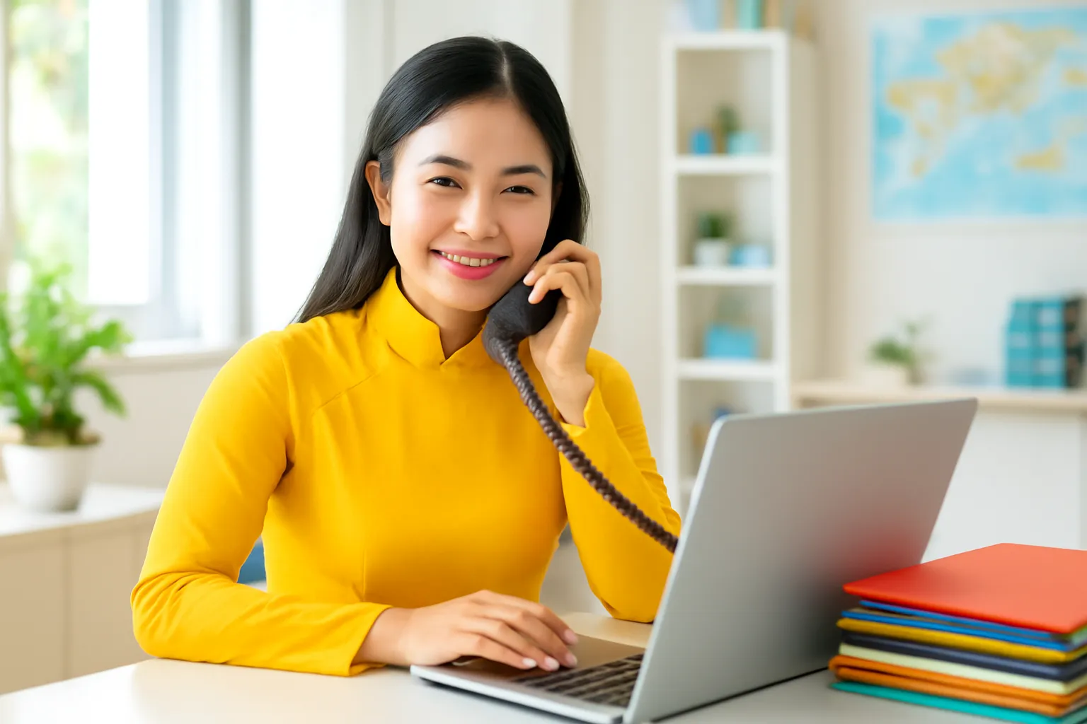 Nhân viên điều hành tour gọi điện xác nhận dịch vụ bên bàn làm việc đầy hồ sơ đoàn