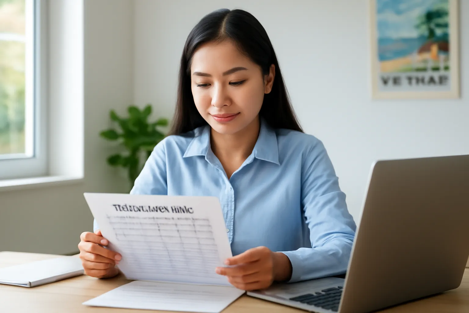 Kế toán công ty du lịch theo dõi bảng dòng tiền tuần trên máy tính
