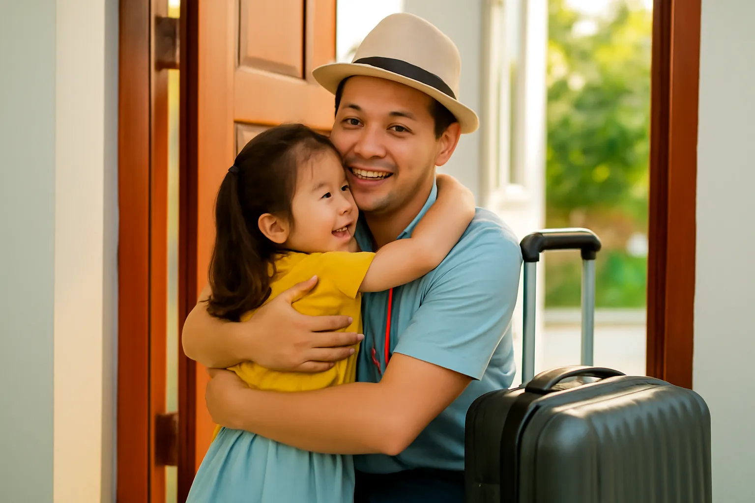 Hướng dẫn viên vừa về nhà ôm con nhỏ ở cửa, vali còn bên cạnh