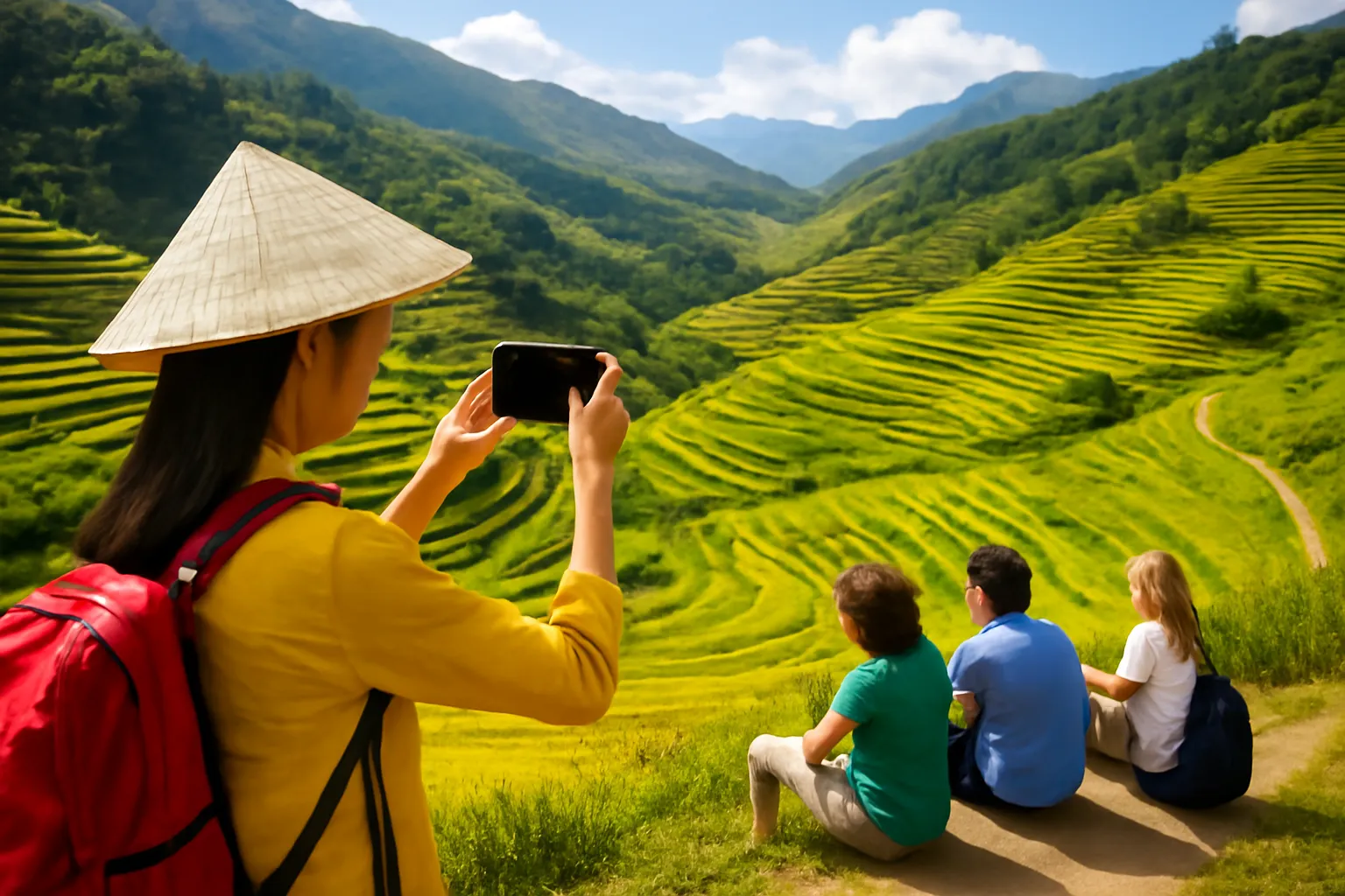 Hướng dẫn viên chụp ảnh khung cảnh đồng lúa bằng điện thoại trong lúc đoàn nghỉ