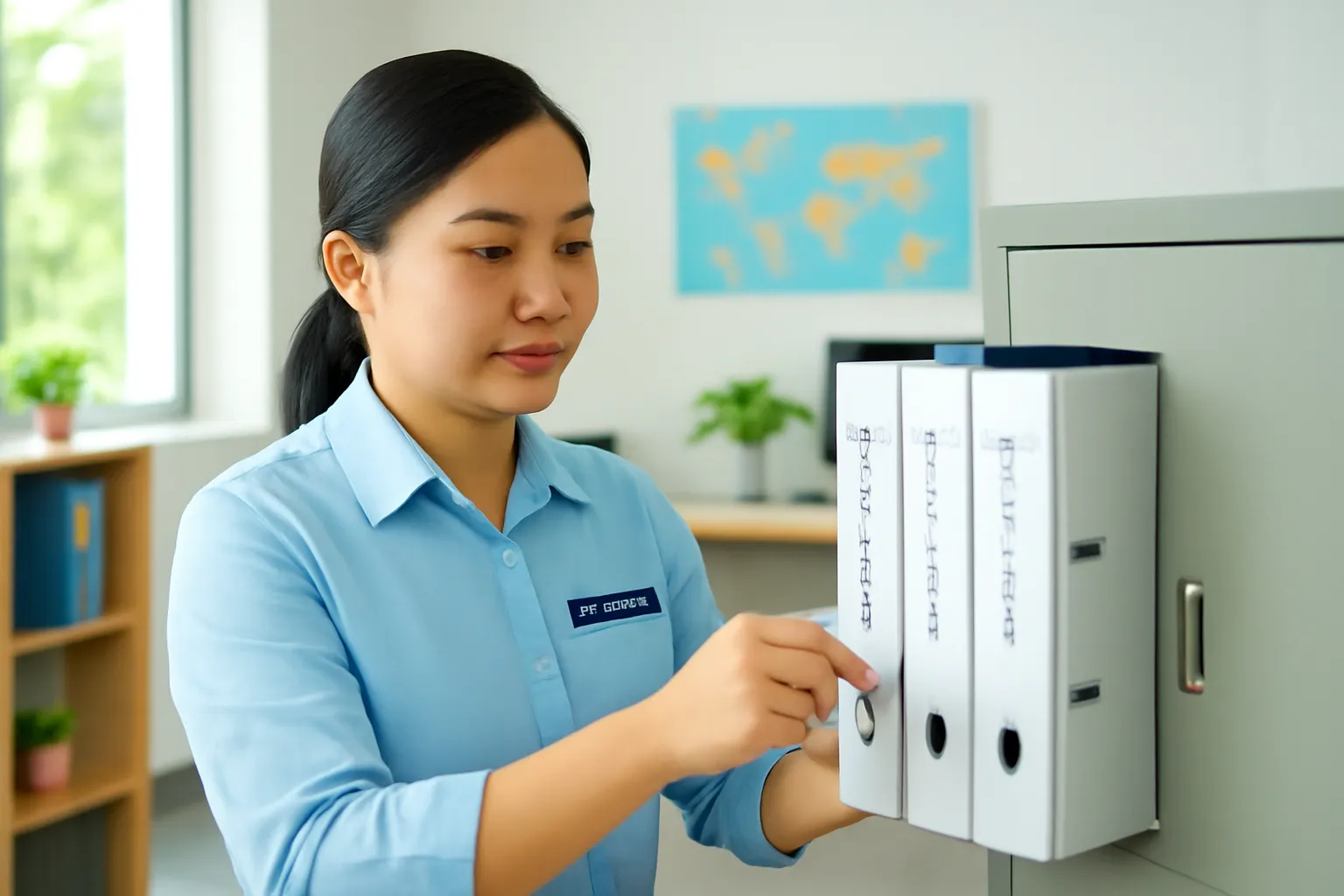 Nhân viên văn phòng du lịch cất hồ sơ đoàn vào tủ có khoá