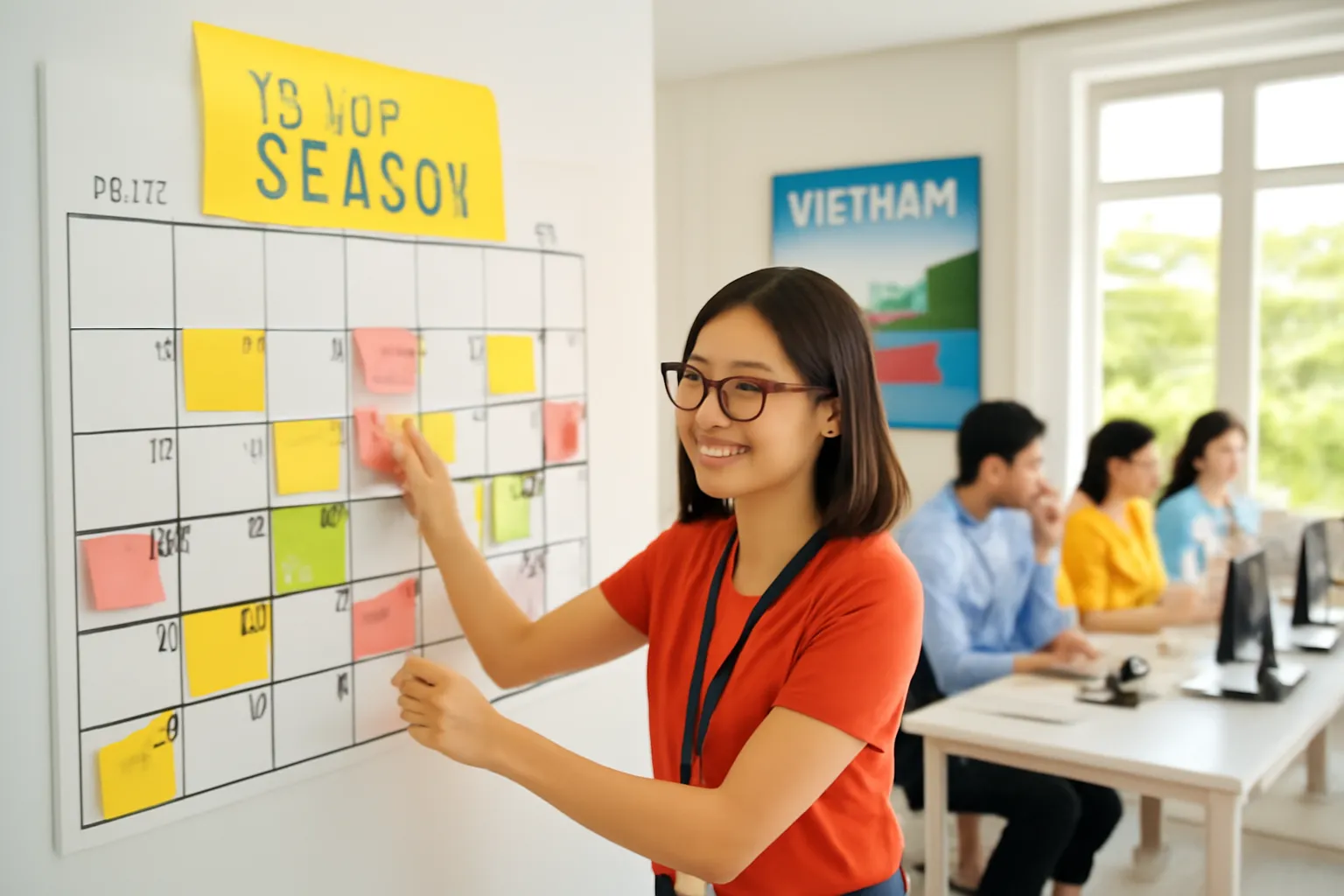 Điều hành tour đánh dấu lịch kín đoàn trên tấm bảng lịch treo tường