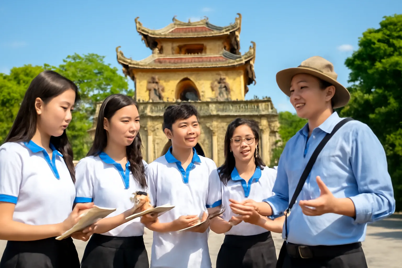 Sinh viên du lịch thực tập đi cùng hướng dẫn viên lâu năm trước một di tích