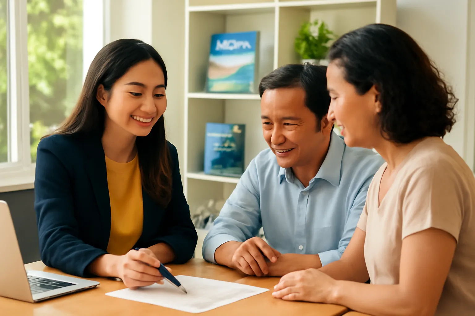 Nhân viên công ty du lịch giải thích các điều khoản hợp đồng cho một cặp vợ chồng