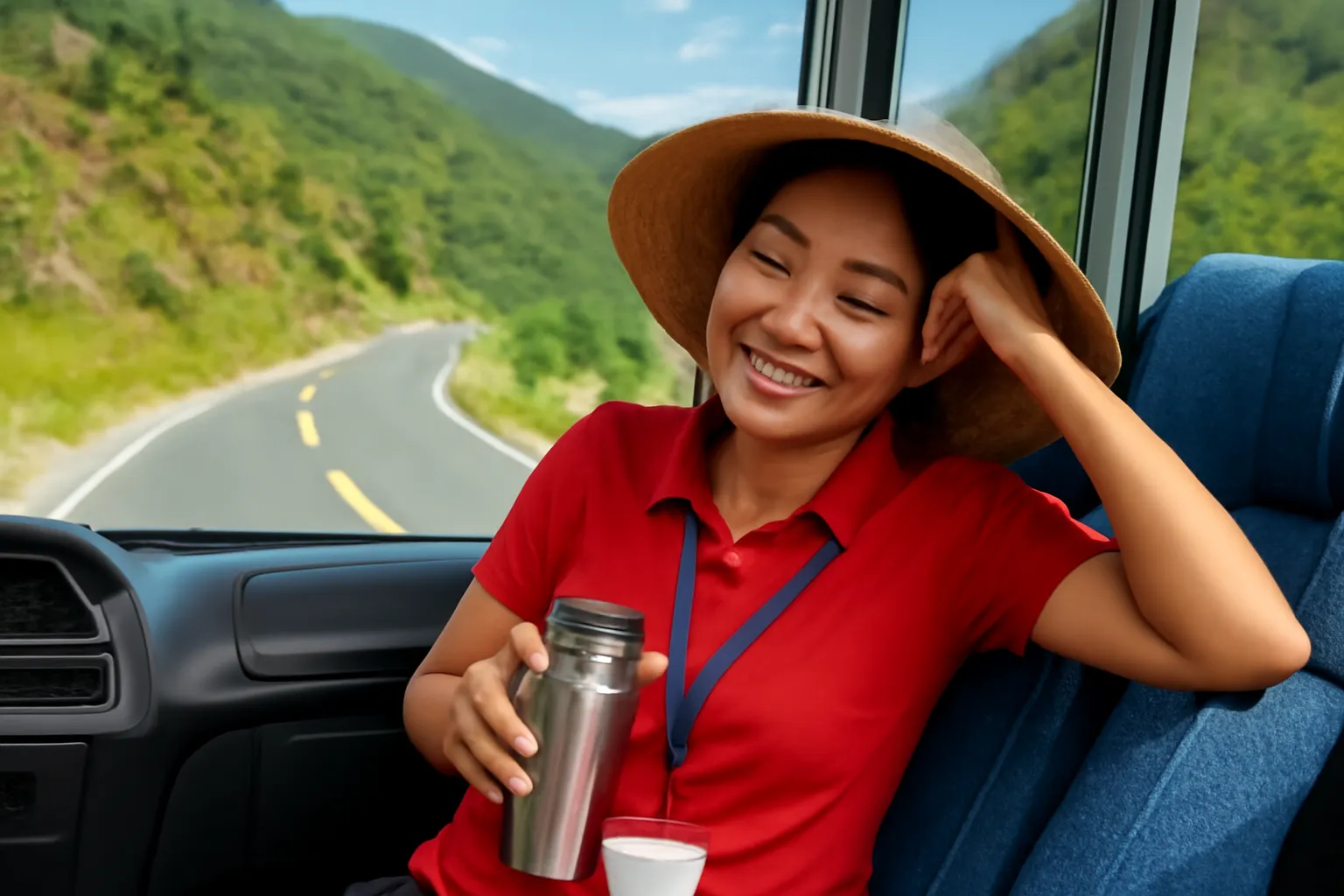 Hướng dẫn viên ngồi nghỉ uống nước ấm bên cửa sổ xe khách giữa chặng