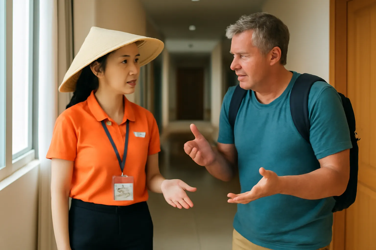 Hướng dẫn viên nói chuyện riêng với một vị khách đang bực bội bên hành lang khách sạn