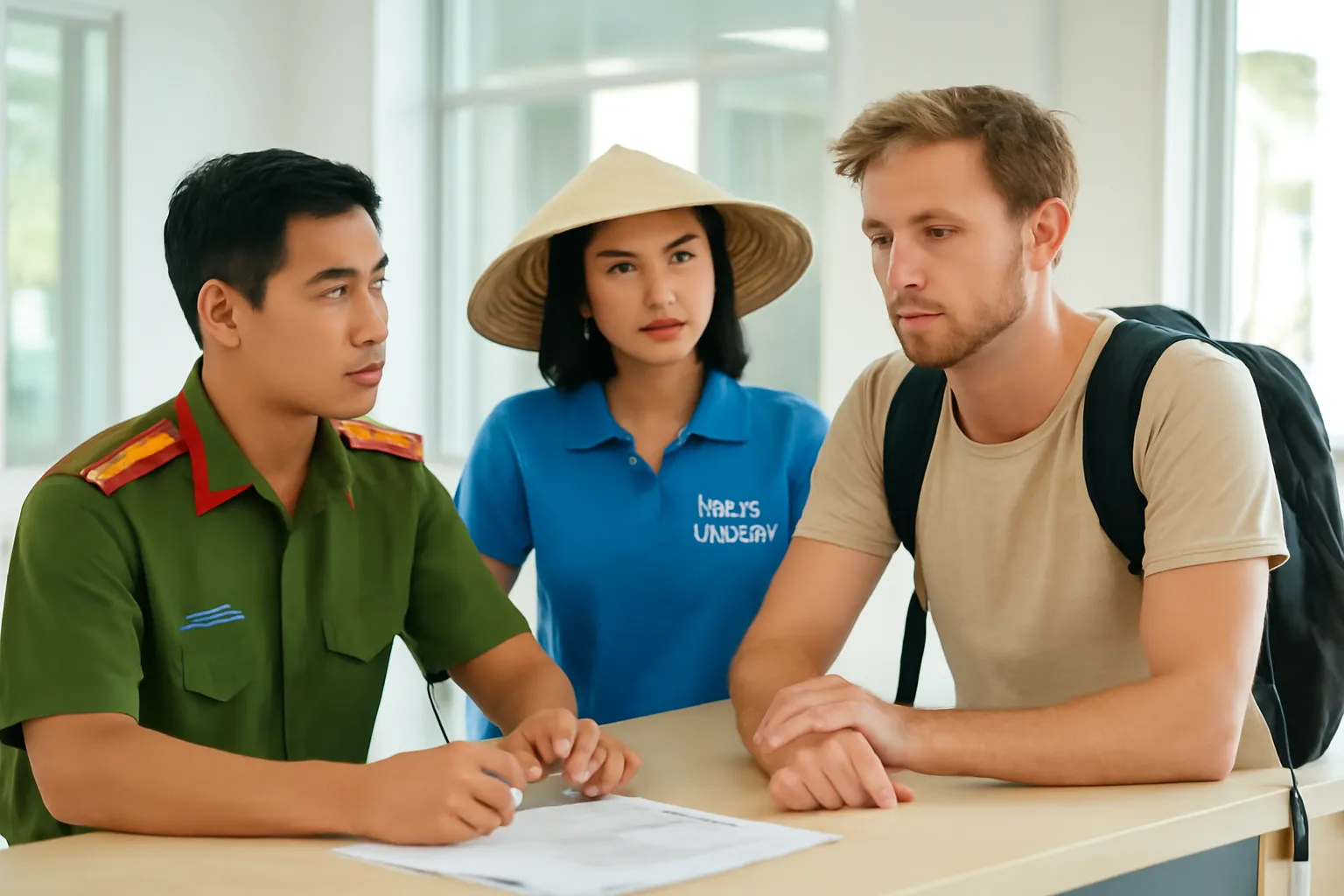 Hướng dẫn viên cùng du khách nước ngoài làm việc tại quầy tiếp dân đồn công an