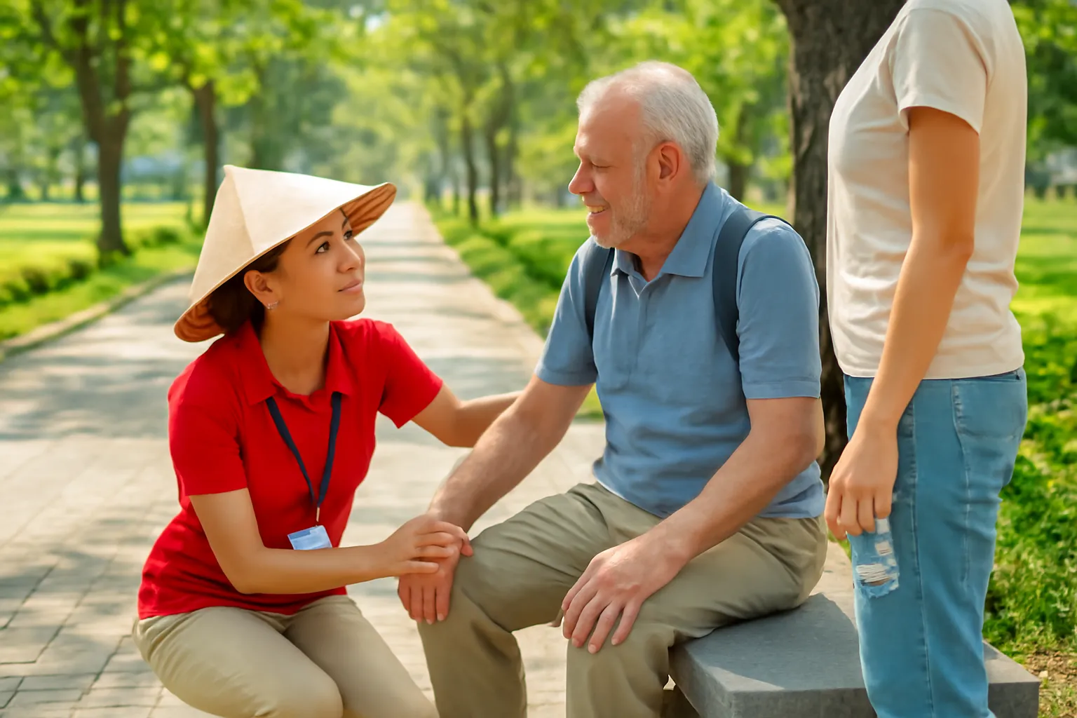 Hướng dẫn viên đỡ một du khách lớn tuổi ngồi xuống ghế đá trong bóng râm