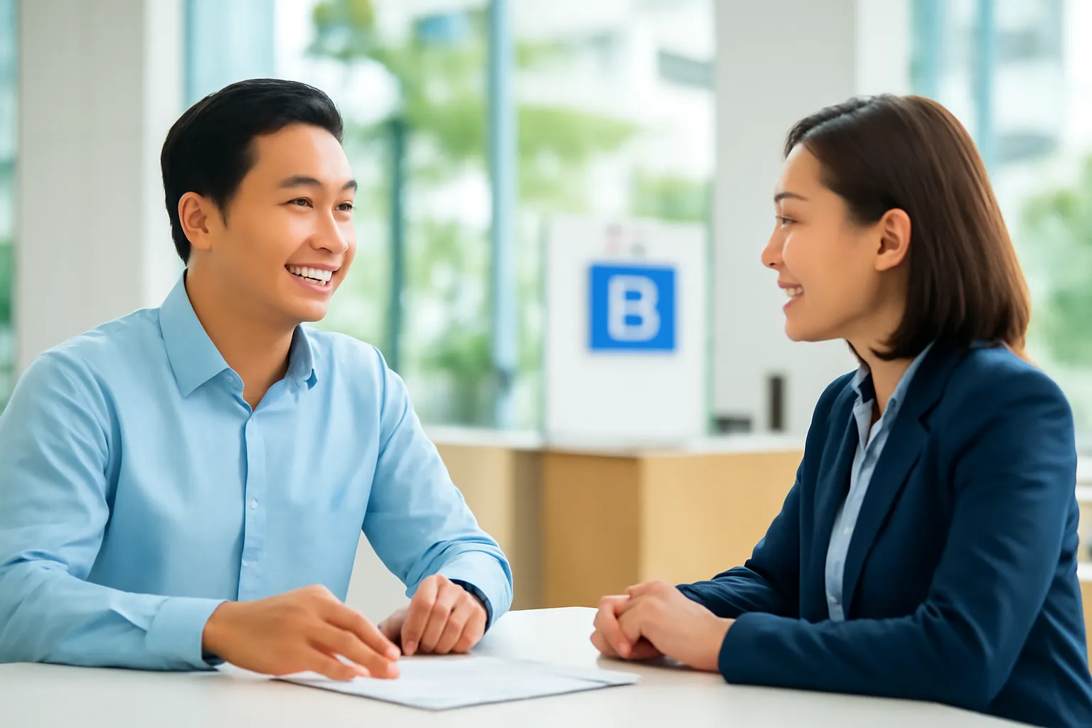 Chủ công ty lữ hành trao đổi với nhân viên ngân hàng tại quầy giao dịch