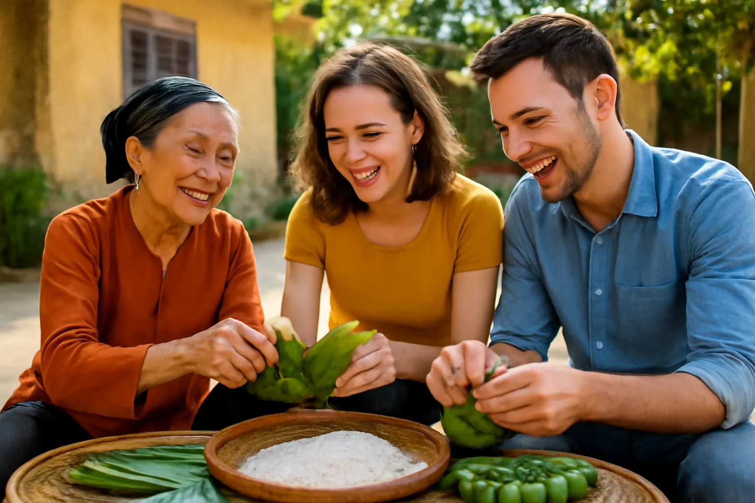 Bà chủ nhà hướng dẫn khách gói bánh lá trên chiếc chiếu giữa sân