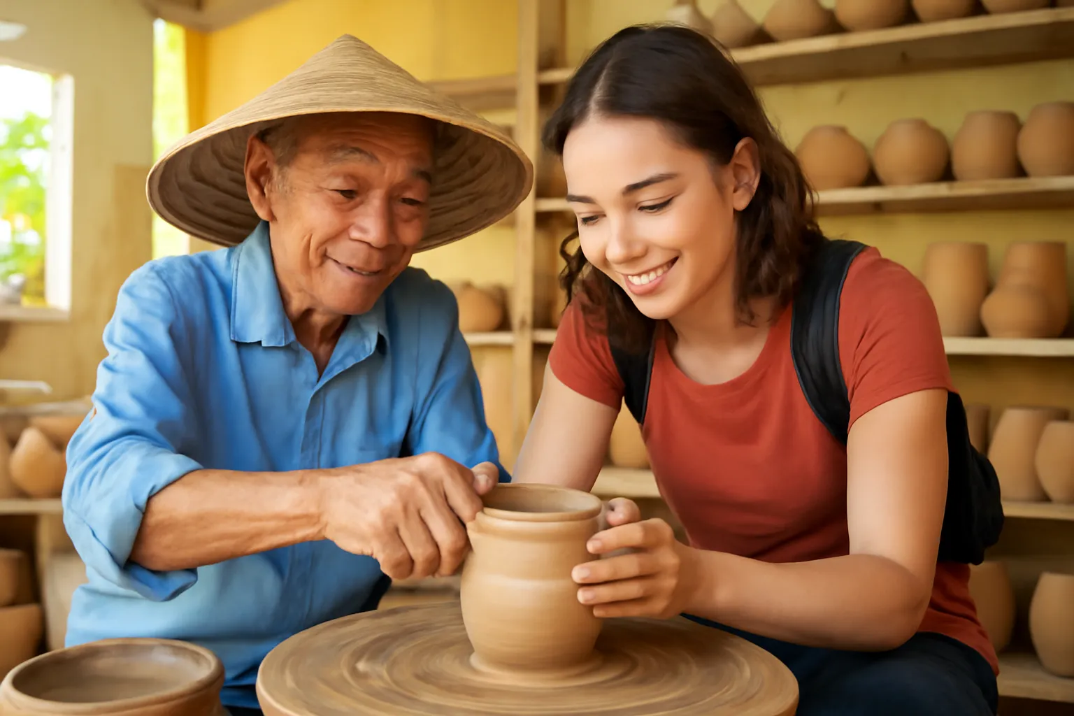 Nghệ nhân làng gốm hướng dẫn du khách nặn thử trên bàn xoay