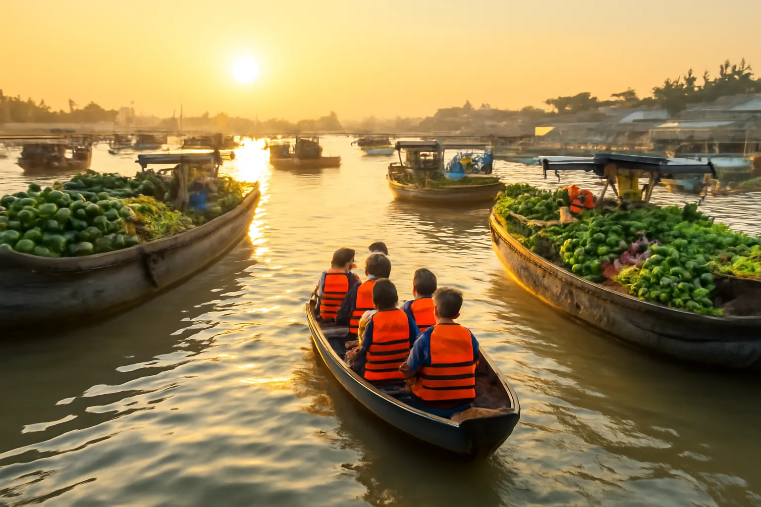 Thuyền chở du khách len giữa các ghe hàng trên chợ nổi lúc bình minh