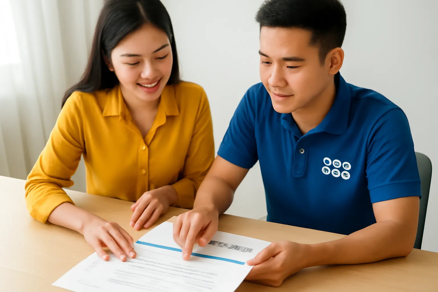 Điều hành và hướng dẫn viên cùng xem bộ hồ sơ đoàn in trên bàn họp