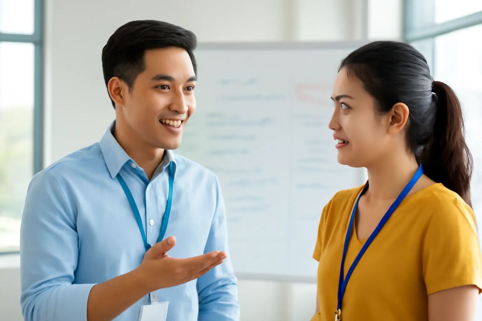 Trưởng phòng điều hành trẻ hướng dẫn đồng nghiệp mới trong buổi họp sáng