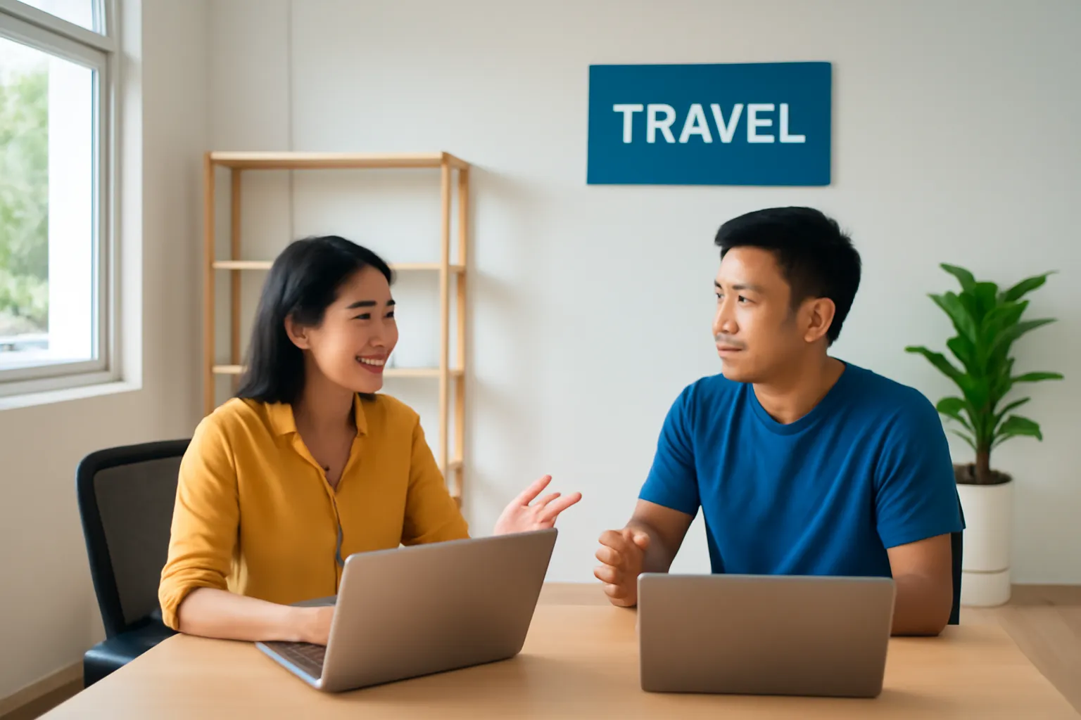 Hai người sáng lập công ty du lịch nhỏ bàn kế hoạch trong văn phòng mới thuê