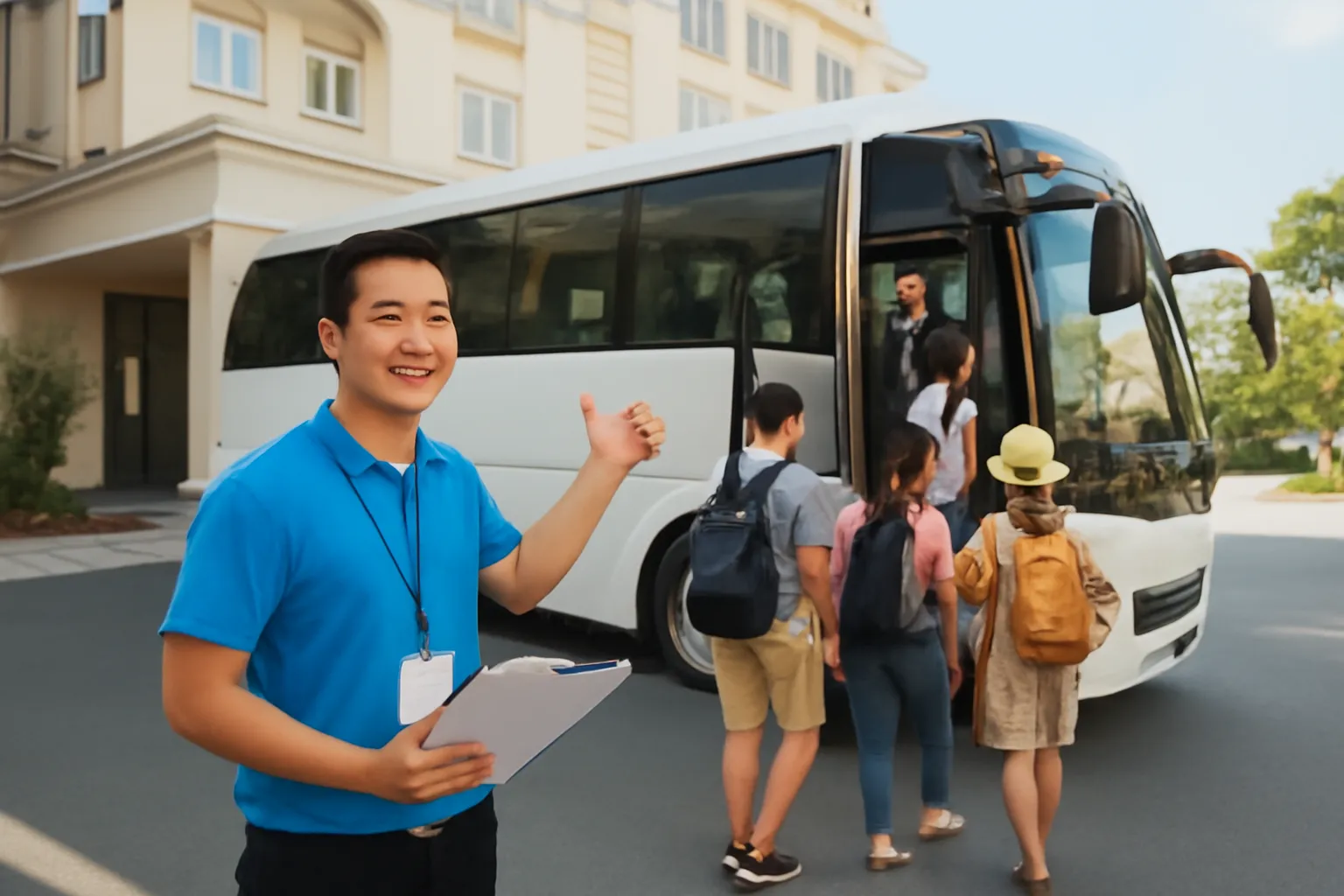 Hướng dẫn viên trẻ cầm danh sách đoàn đứng trước xe khách lúc sáng sớm