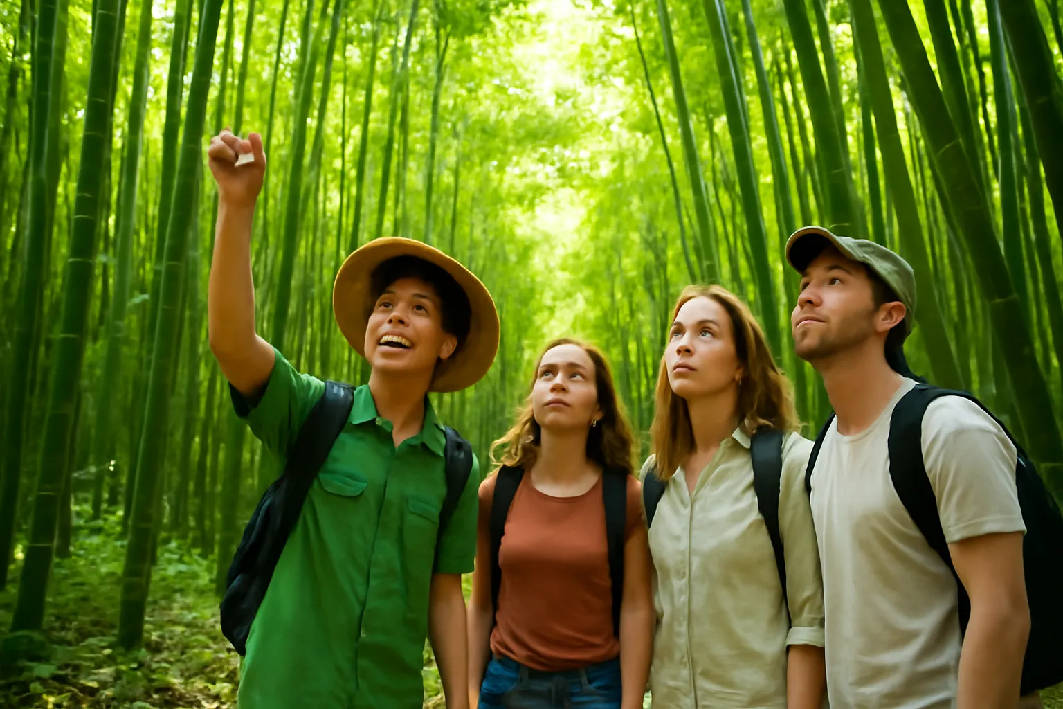Chàng trai người địa phương dẫn đoàn khách đi qua rừng tre, chỉ tay lên tán lá