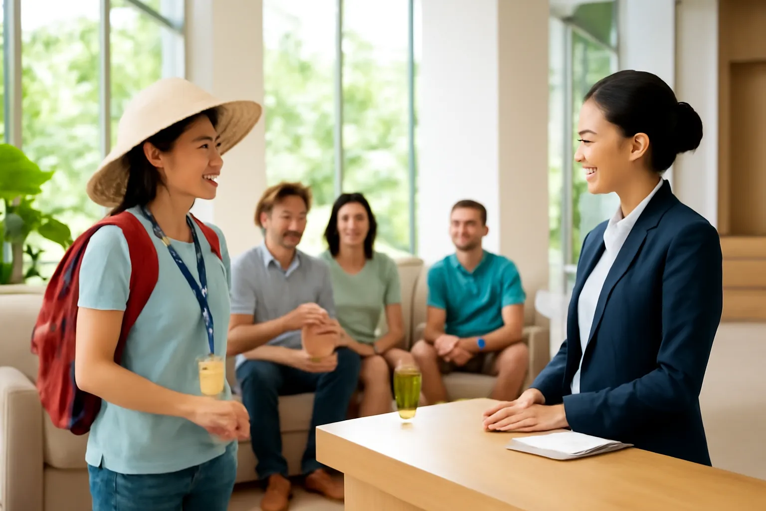 Hướng dẫn viên trao đổi với lễ tân khách sạn trong lúc đoàn khách chờ ở sảnh