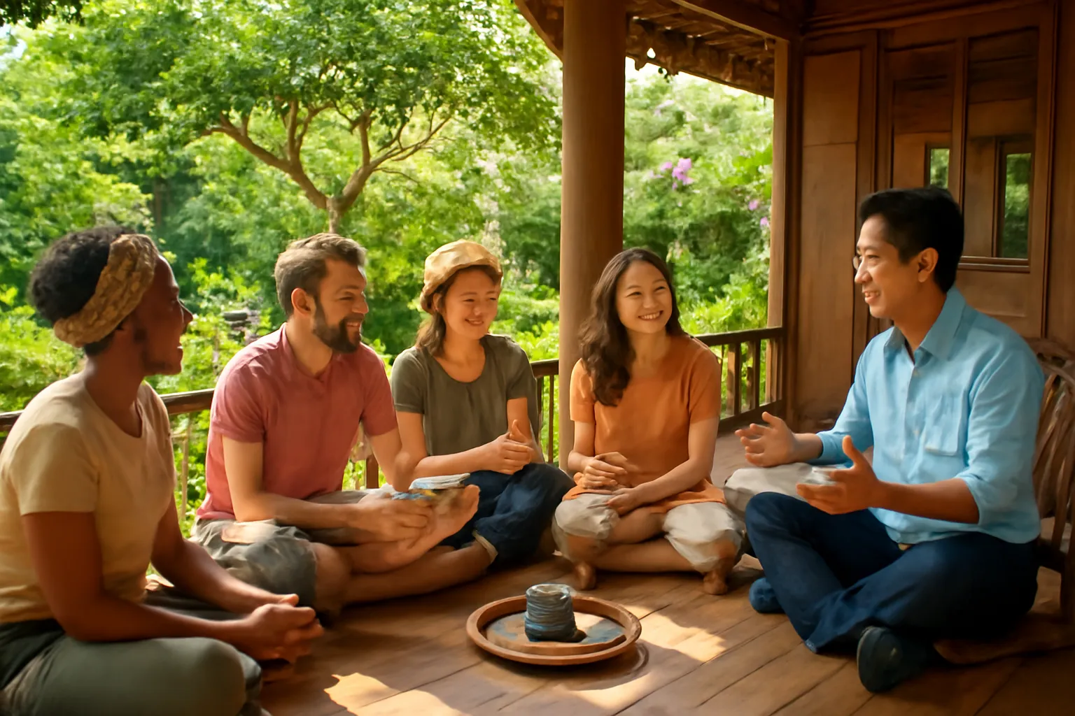 Đoàn khách thong thả ngồi nghỉ uống trà dưới mái hiên nhà vườn sau buổi tham quan