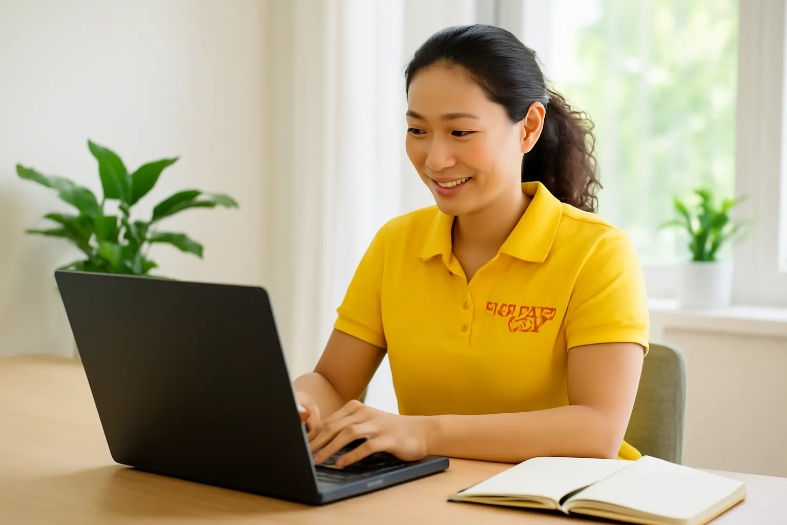 Nhân viên điều hành làm việc trên máy tính trong văn phòng gọn gàng, sổ tay cũ để bên cạnh