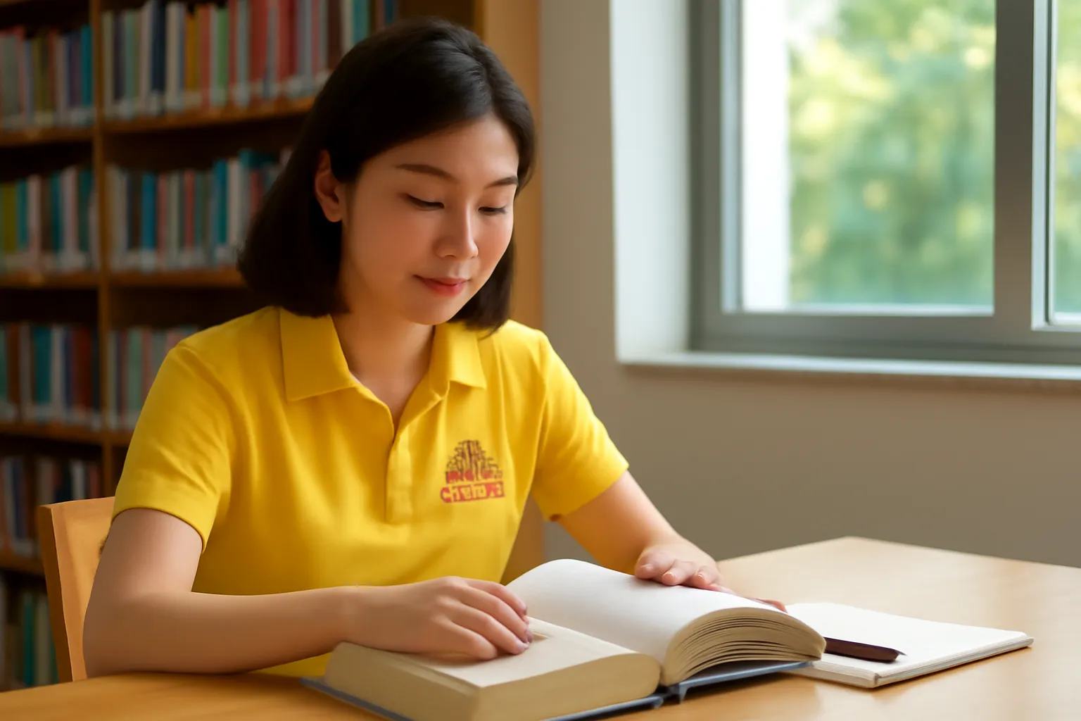 Hướng dẫn viên ngồi đọc sách lịch sử trong thư viện vắng vào buổi chiều