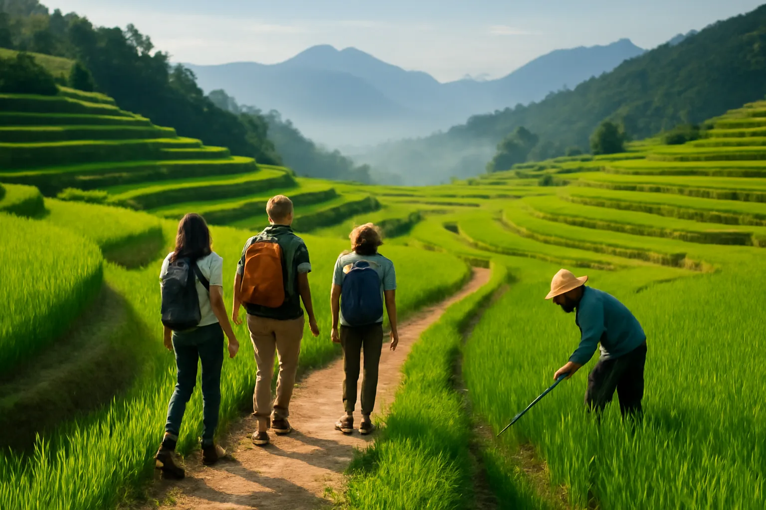 Con đường làng ven ruộng bậc thang vắng vẻ buổi sáng với vài du khách đi bộ thong thả