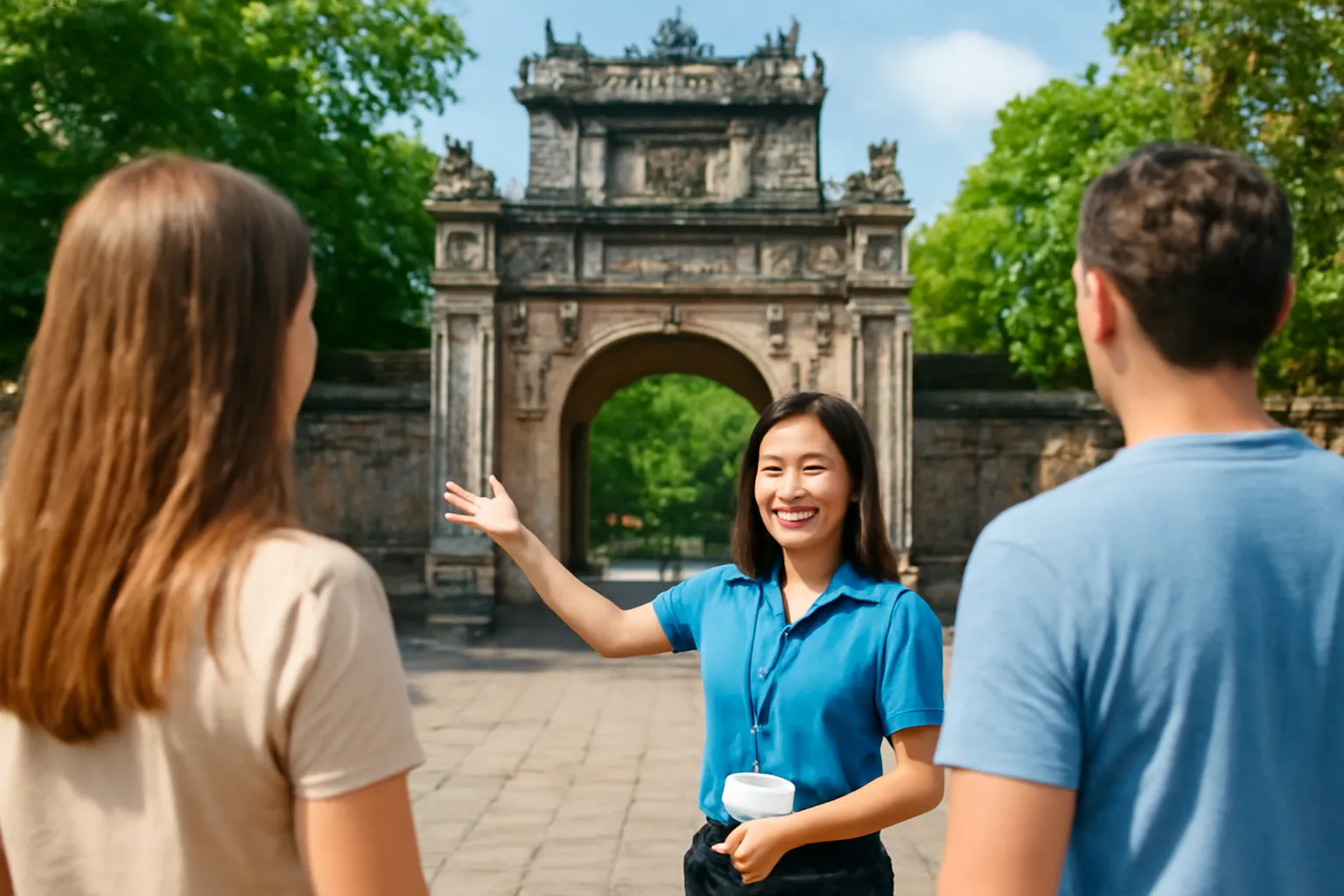 Hướng dẫn viên đeo thẻ trước ngực đang giới thiệu cho đoàn khách ở cổng di tích