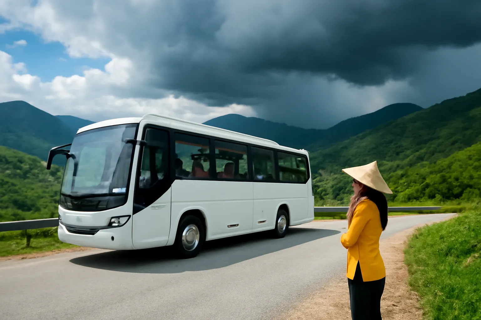 Xe khách du lịch dừng bên đường đèo, hướng dẫn viên quan sát mây kéo đến