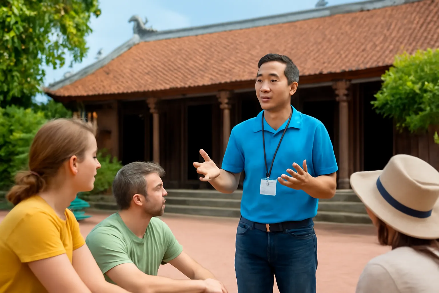 Hướng dẫn viên kể chuyện cho nhóm khách đang chăm chú nghe trong sân đình làng