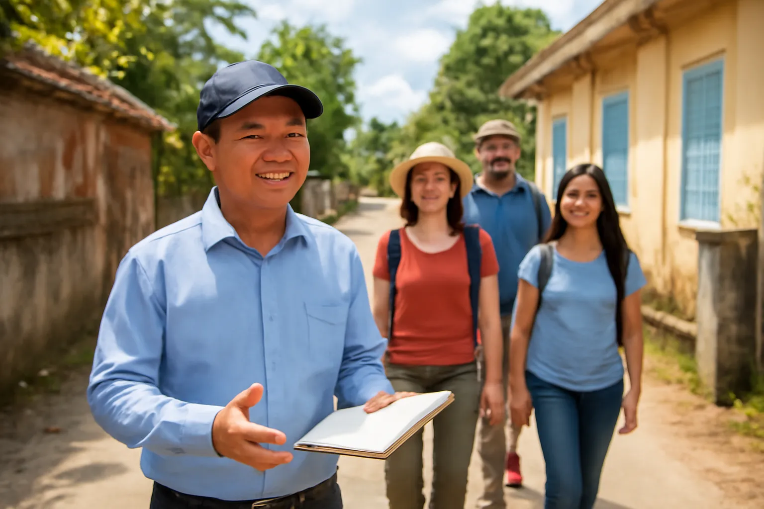 Người đàn ông trung niên lần đầu tập dẫn một nhóm nhỏ trên con đường làng