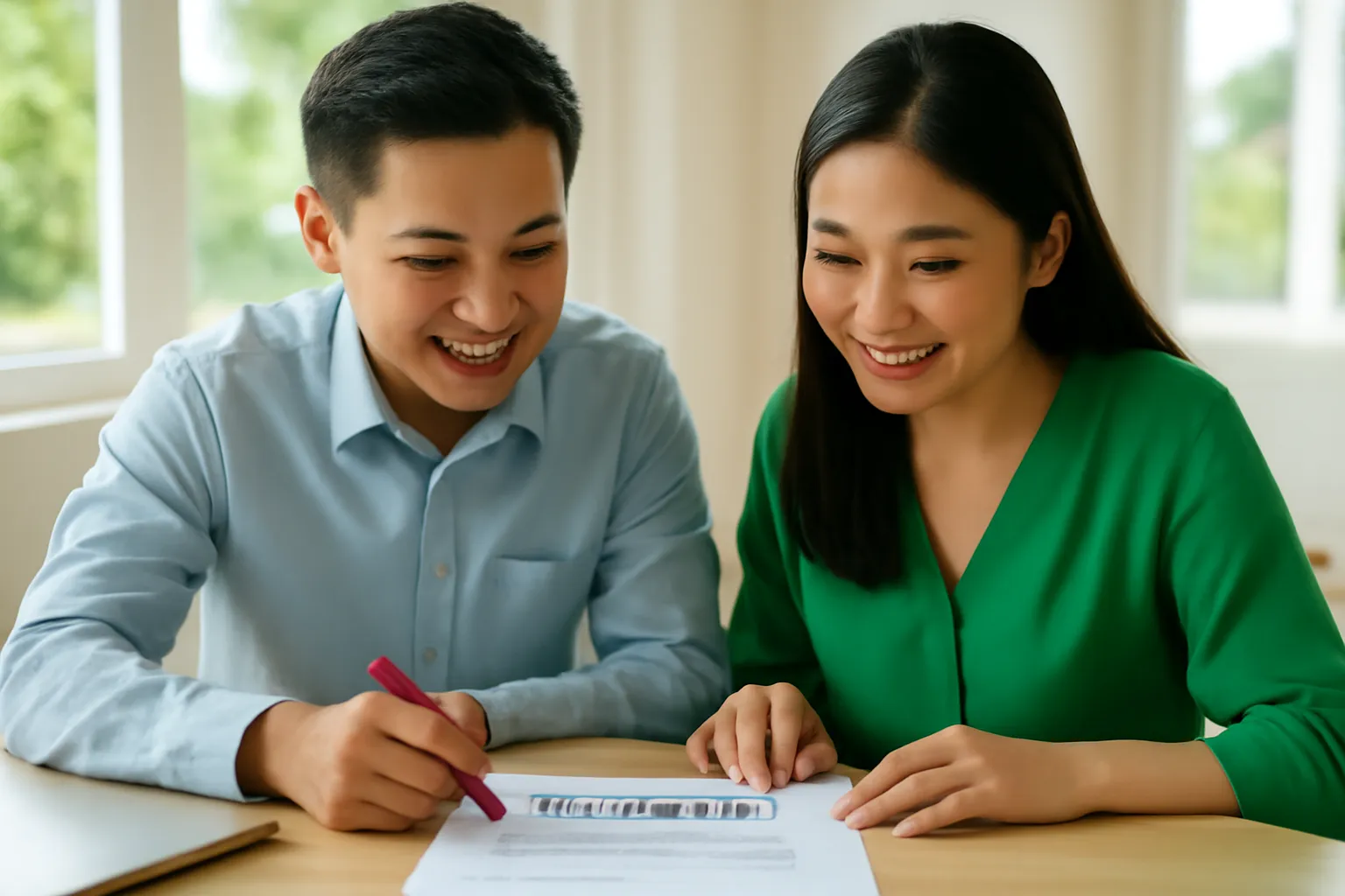 Nhân viên lữ hành cùng đồng nghiệp đọc lại bản nháp in ra, bút đỏ trong tay