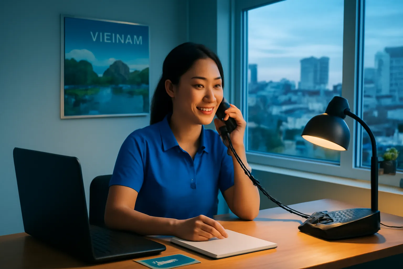 Nhân viên trực đoàn buổi tối nghe điện thoại trong văn phòng lữ hành vắng người