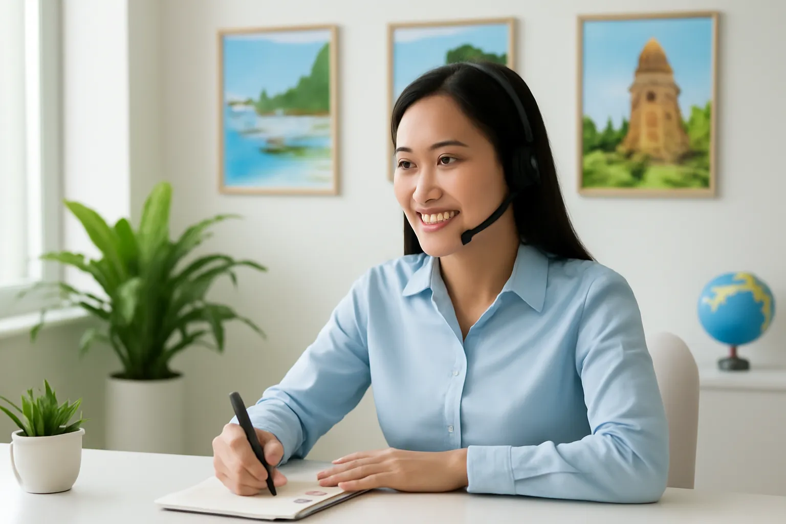 Nhân viên tư vấn du lịch trò chuyện điện thoại với khách, sổ ghi chép mở trên bàn